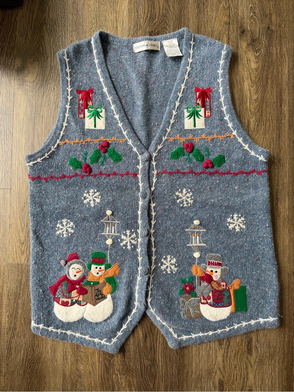 Victoria Jones Christmas Sweater Vest Large Blue Snowman Holiday Embroidered